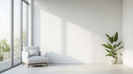 Minimalist bright room interior with armchair, large window, and plant.
