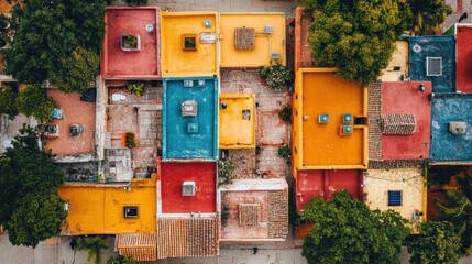 Aerial view of colorful urban rooftops vibrant cityscape photography scenic environment top-down perspective