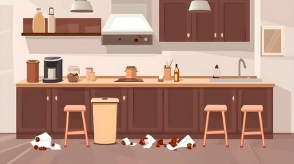 Messy kitchen scene domestic space digital art cozy environment eye-level view home management