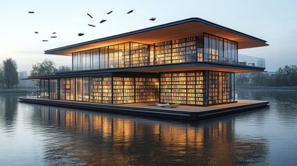 A modern library with glass walls, reflecting on water, surrounded by nature.