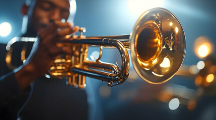 A musician passionately plays a trumpet on stage with dramatic lighting.