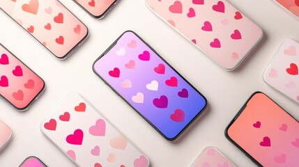 Multiple smartphones displaying various heart patterns on a white background.