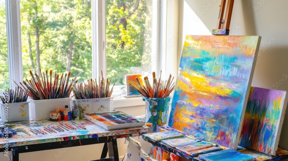 Poster an uplifting painting session in a sunlit studio, paintbrushes and canvases arranged with creative f