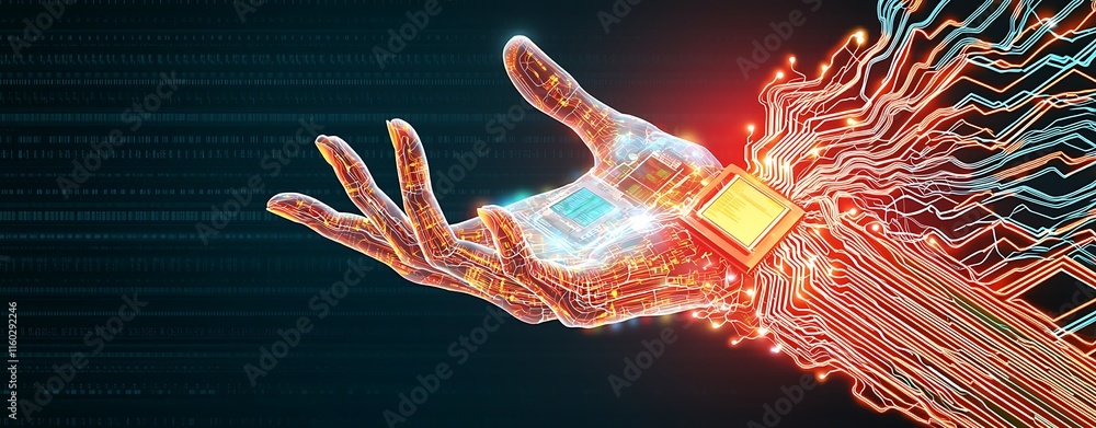 Poster energy monitoring double exposure, futuristic hand with digital circuitry representing remote energy