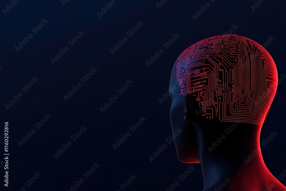 Poster burnout recovery energy concept. abstract representation of a brain with digital circuits in red ton