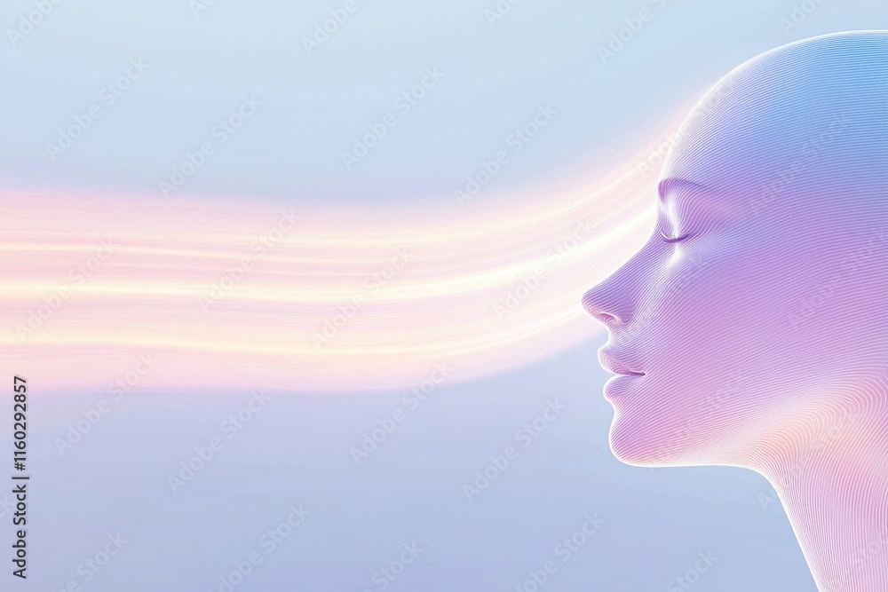 Poster burnout recovery energy concept. digital representation of a serene face with flowing lines.
