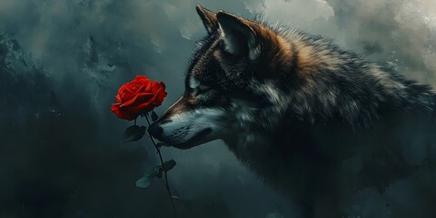 A wolf gently sniffs a dark red rose. © Faqih