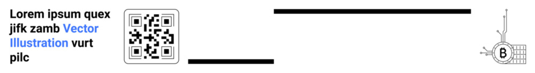 QR code, Bitcoin symbol, Lorem Ipsum placeholder text, horizontal lines. Ideal for cryptocurrency, digital payment, modern design, fintech, mobile apps, secure transactions, tech branding. Landing