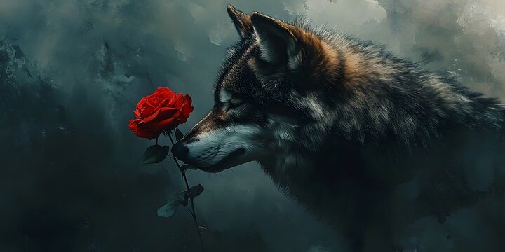 A wolf gently sniffs a dark red rose.