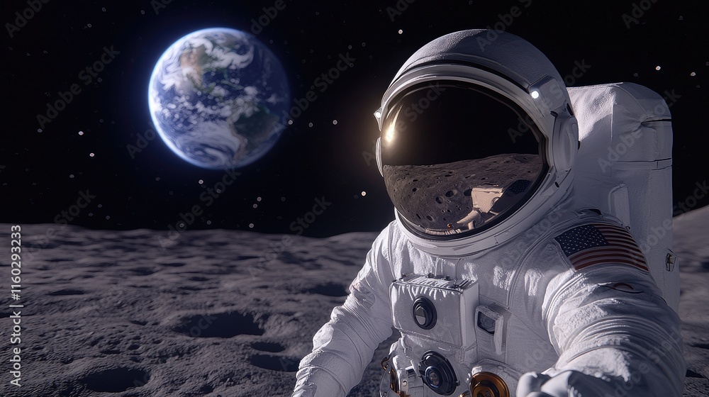 Poster exploring the moon's surface astronaut on lunar landscape earth in background space exploration oute