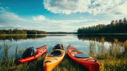 Fototapeta premium Well-organized kayak equipment at a peaceful lakefront, paddles and life jackets neatly laid out on the shore, Calm water sports style