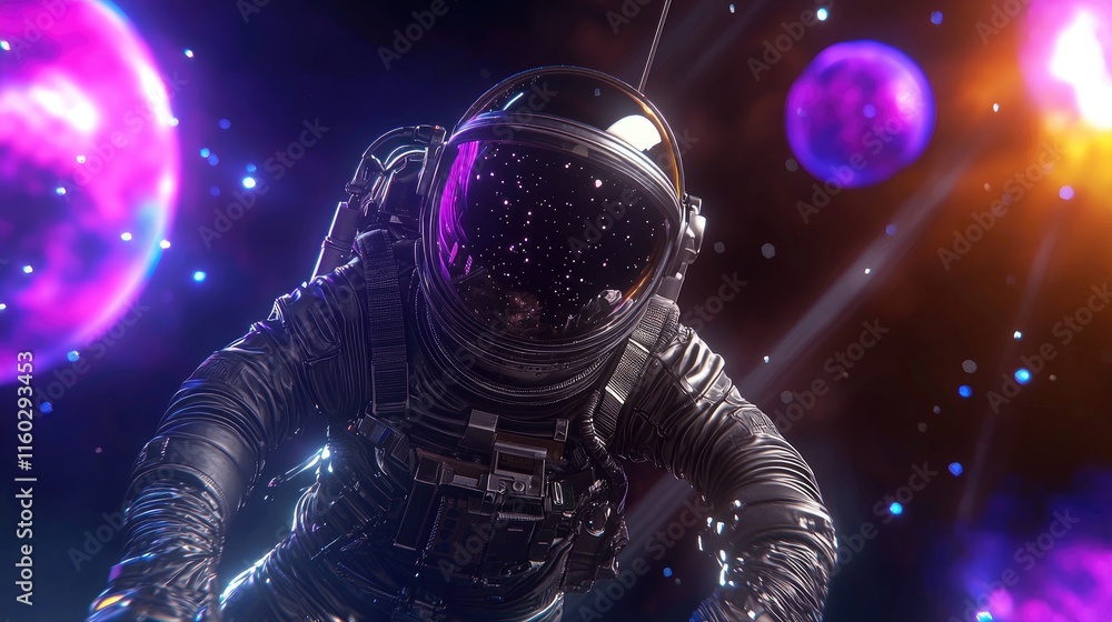 Poster astronaut exploring cosmic wonders outer space digital art sci-fi environment close-up view space ex