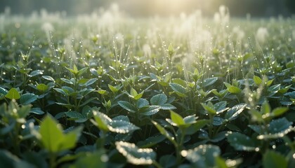 A field of plants glistening with dew, with soft sunlight creating a shimmering mist as steam rises from the leaves.