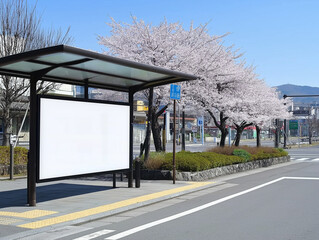 Obraz premium The blank billboard on the Japan road with Sakura blooming on the background
