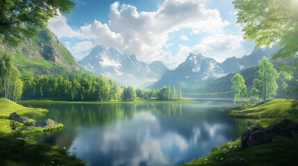 Tranquil Mountain Lake with Lush Greenery and Cloudy Sky