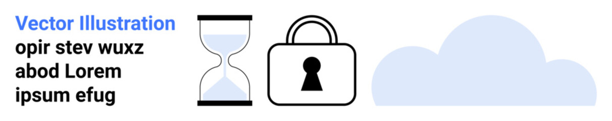 Hourglass, lock, and cloud icons symbolize digital security and data privacy. Ideal for cybersecurity, data protection, cloud storage, encryption, time management, online security and privacy