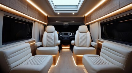 A luxurious camper van interior with leather recliners, wood accents, and a large skylight