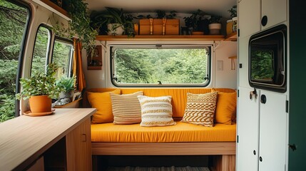 A vibrant camper van interior featuring cheerful patterns, lush greenery, and a foldout table