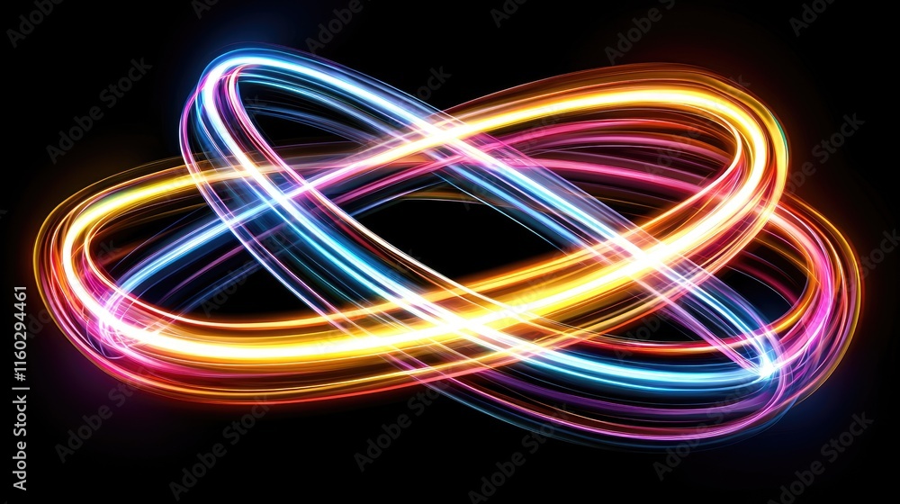 Poster dynamic light trails swirling in abstract patterns digital art dark background vibrant colors modern