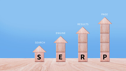 SERP, Search Engine Result Pages concept, magnifying glass and wooden cube with text SERP, can be...