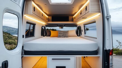 Fototapeta premium A modern van interior featuring a retractable bed, modular shelving, and smart lighting