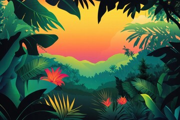 Lush Tropical Jungle Landscape with Sunset and Flowers