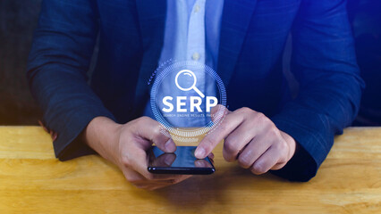 SERP, Search Engine Result Pages concept, magnifying glass with text SERP, can be used for...