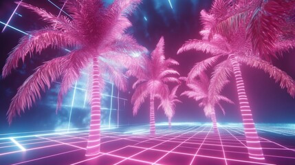 Fototapeta premium Pink neon palm trees in a retro grid landscape.