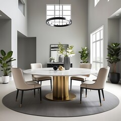 A modern dining table with a vase of flowers on it and a lamp above it