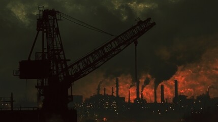 Fototapeta premium Silhouette of industrial crane against a backdrop of a heavily polluted cityscape at night with smoke and fire.