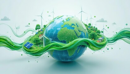 A world with green and blue energy waves flowing around it, connected to solar panels, wind turbines and hydroelectric dams, representing a sustainable, high-performance energy system.