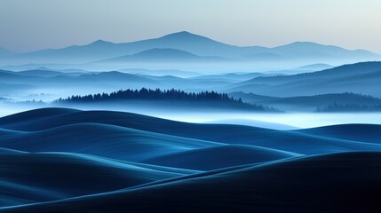 A serene landscape featuring rolling hills and misty mountains, enveloped in shades of blue, creating a tranquil and ethereal atmosphere.