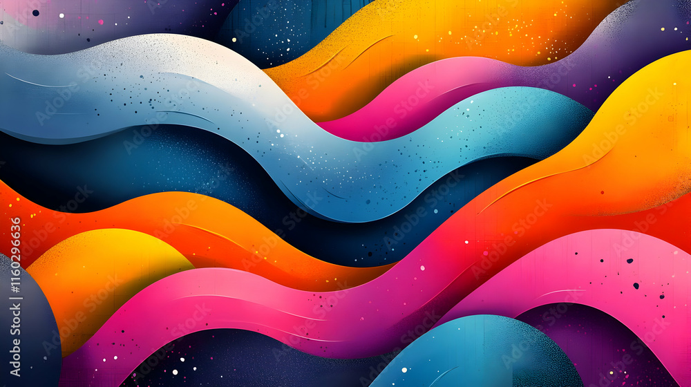 Poster a vibrant abstract design featuring flowing waves in various colors and gradients.