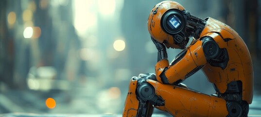 Stress frustration unhappy robot. Trauma psychology mental health concept. Generative AI technology.	
