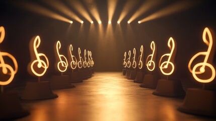 Glowing treble clef symbols on stage under spotlights.