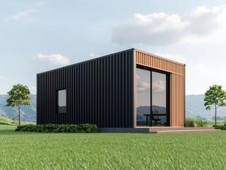 Container office in rural farmland, rustic materials, barnlike workspace