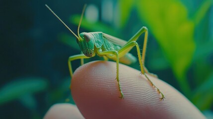 Close-up of a vibrant green grasshopper perched on a fingertip against a blurred green background.