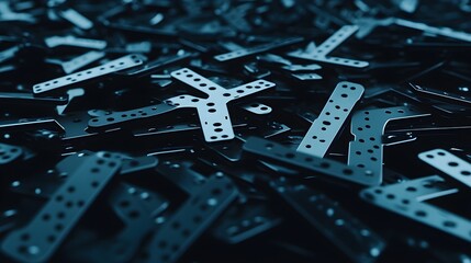 Dynamic assembly of metallic components industrial workshop close-up dark environment abstract perspective