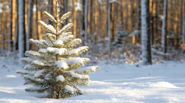 Snow Covered Young Pine Tree In Winter Forest