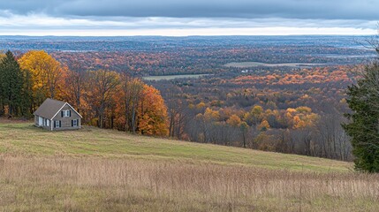 Autumnal hillside house overlooking colorful valley.