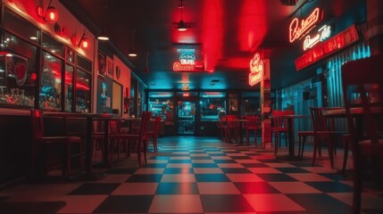Retro diner interior at night, red and blue neon lights, checkered floor.