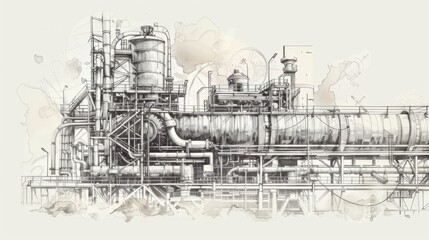 Obraz premium Intricate monochrome sketch of industrial machinery showcasing complex engineering and design with detailed pipes and structures in a captivating artistic representation