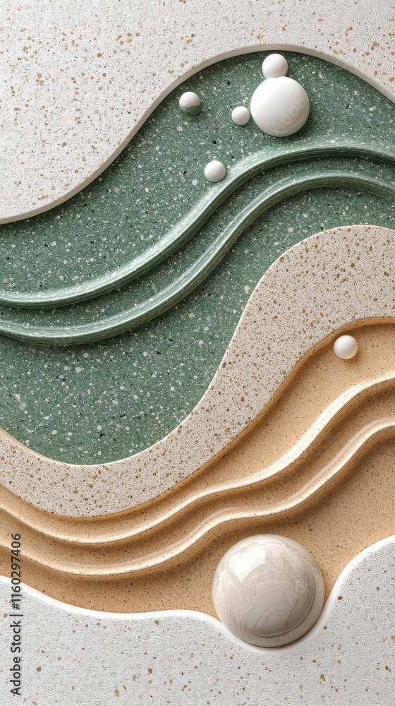 Poster abstract terrazzo design with wave forms and spheres