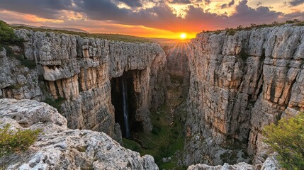 Sunset over a canyon with a hidden waterfall.