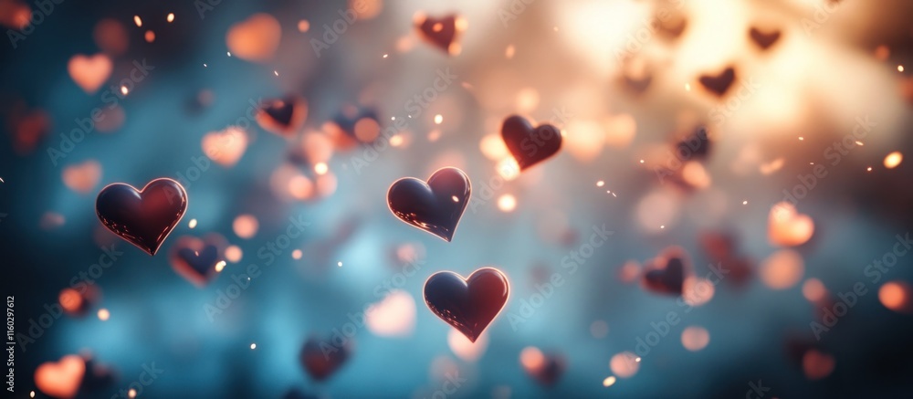 Poster many dark-red hearts float in a bokeh of warm and cool colors.