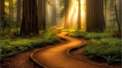Obraz premium Sunbeams illuminate a winding path through a mystical redwood forest.