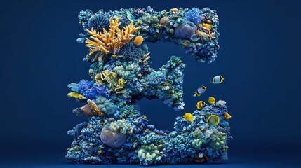 Coral reef forming letter E, with fish.
