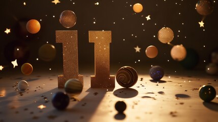 Glittery number eleven with cosmic elements.