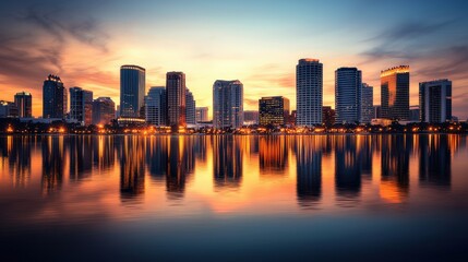 A stunning skyline reflecting on water during sunset, showcasing modern architecture and vibrant colors.