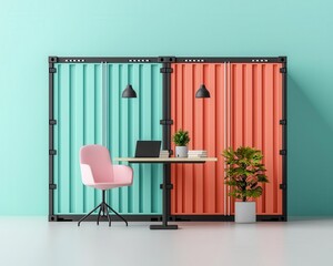 Naklejka premium Scandinavianstyle container workspace, light woods, pastel furniture